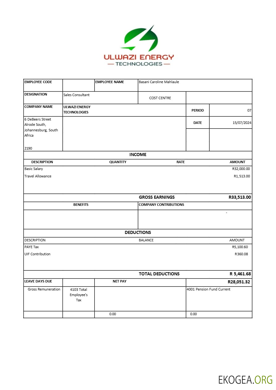Modèle de fiche de paie Ulwazi Energy Technologies aux formats Word et PDF.pdf, 1